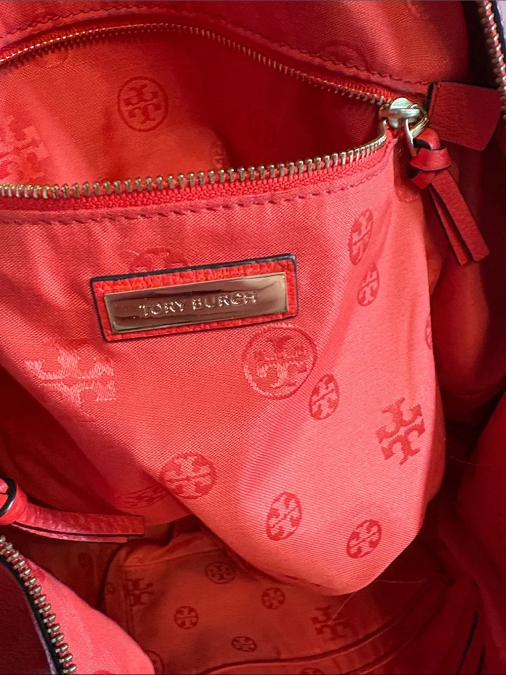 Tory Burch Red Leather Pebbled Tote with Detachable Strap